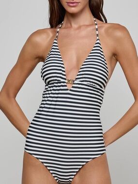 NEW L’Agence Leila Halter One Piece Swimsuit L Black White Stripe